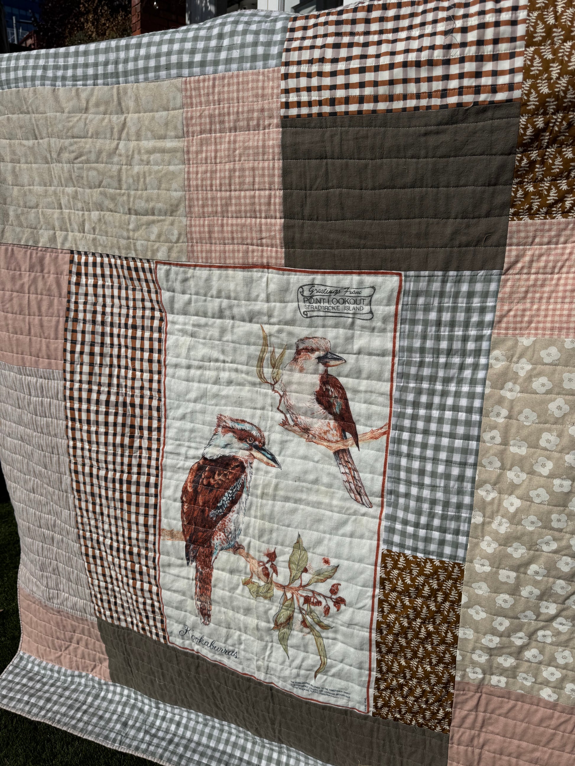 Vintage Style Quilt- Kookaburra throw size (linen cotton blend)