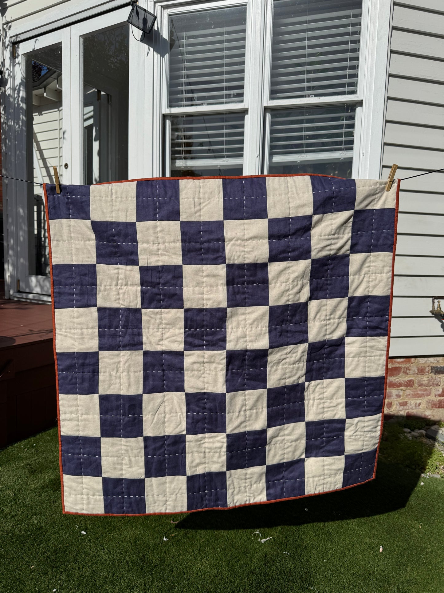 Hand Quilted Quilt 6- Blue and Red Checkerboard cot/ baby size (linen cotton blend)