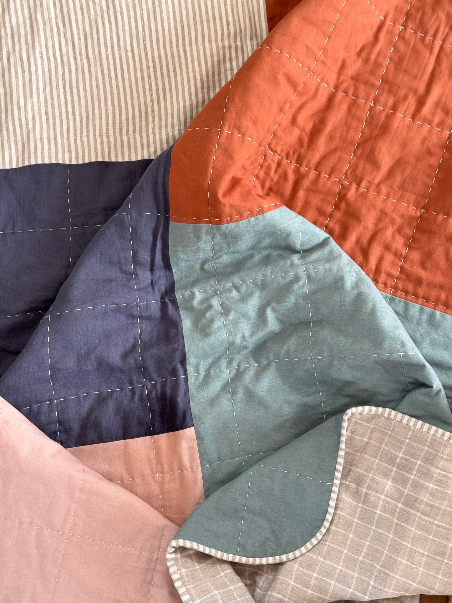 Hand Quilted Quilt 1- Big Square Throw Quilt (linen cotton blend)