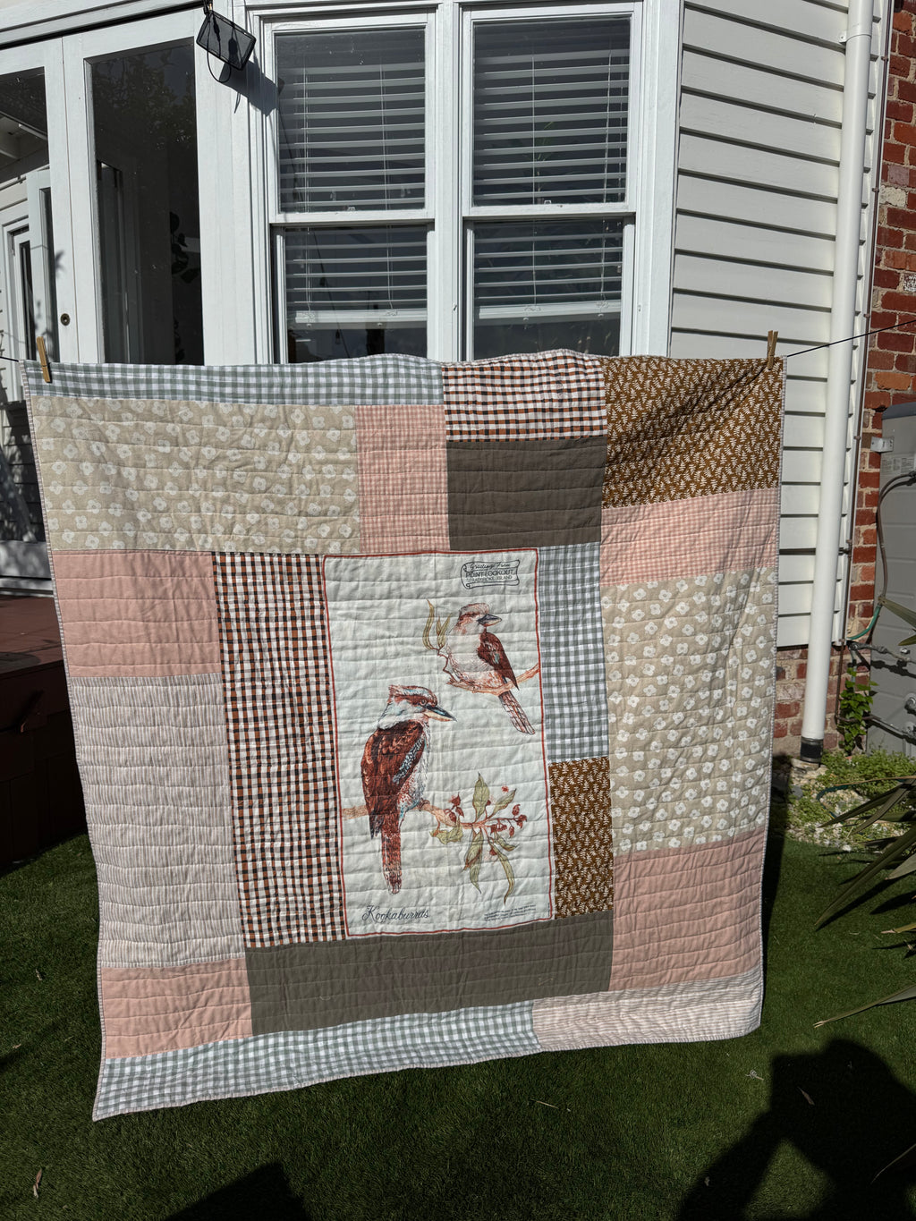 Vintage Style Quilt- Kookaburra throw size (linen cotton blend)