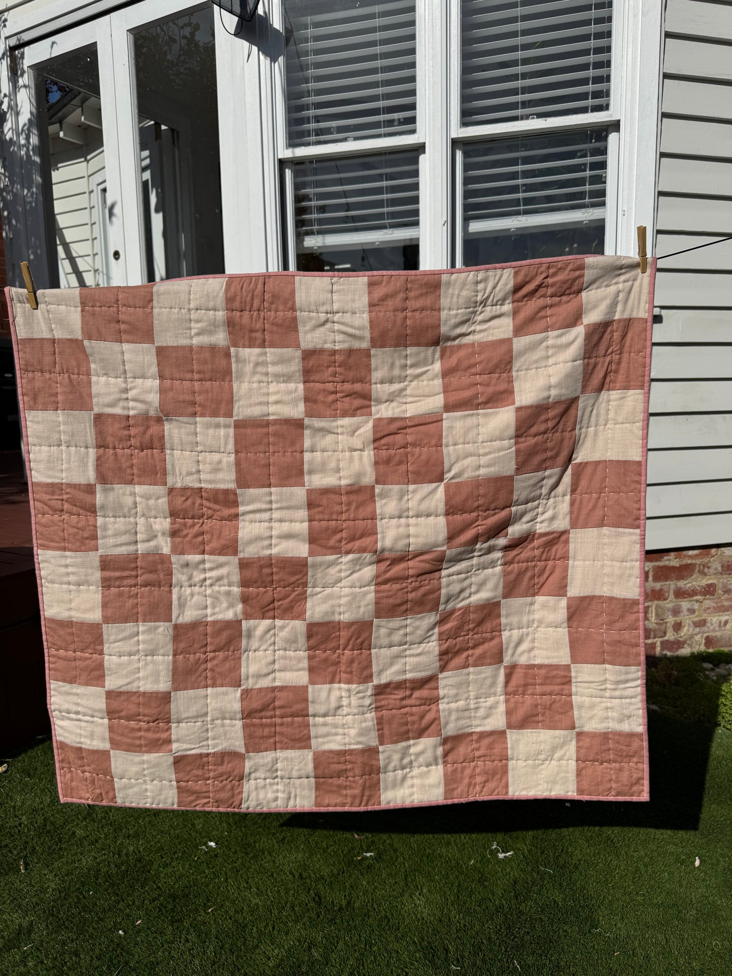 Hand Quilted Quilt 9- Ochre Checkerboard quilt cot/ baby size (linen cotton blend)