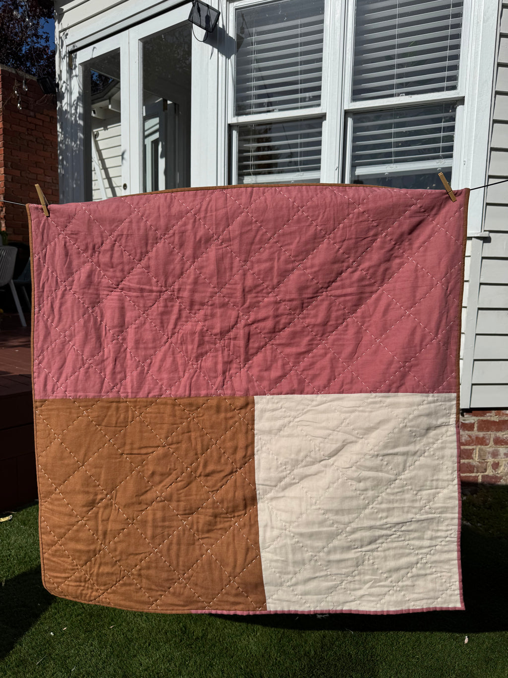 Hand Quilted Quilt 7- Neopolitan Ice cream quilt cot/ baby size (linen cotton blend)