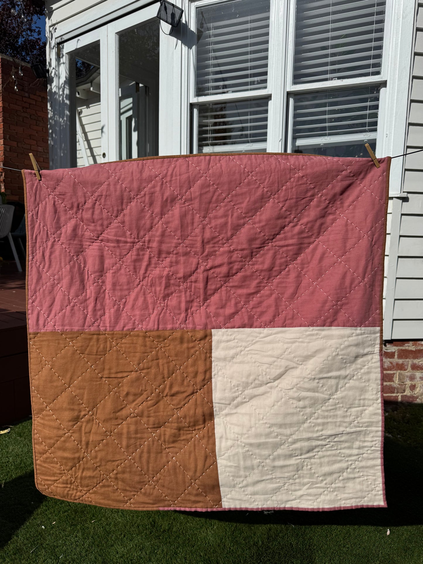 Hand Quilted Quilt 7- Neopolitan Ice cream quilt cot/ baby size (linen cotton blend)