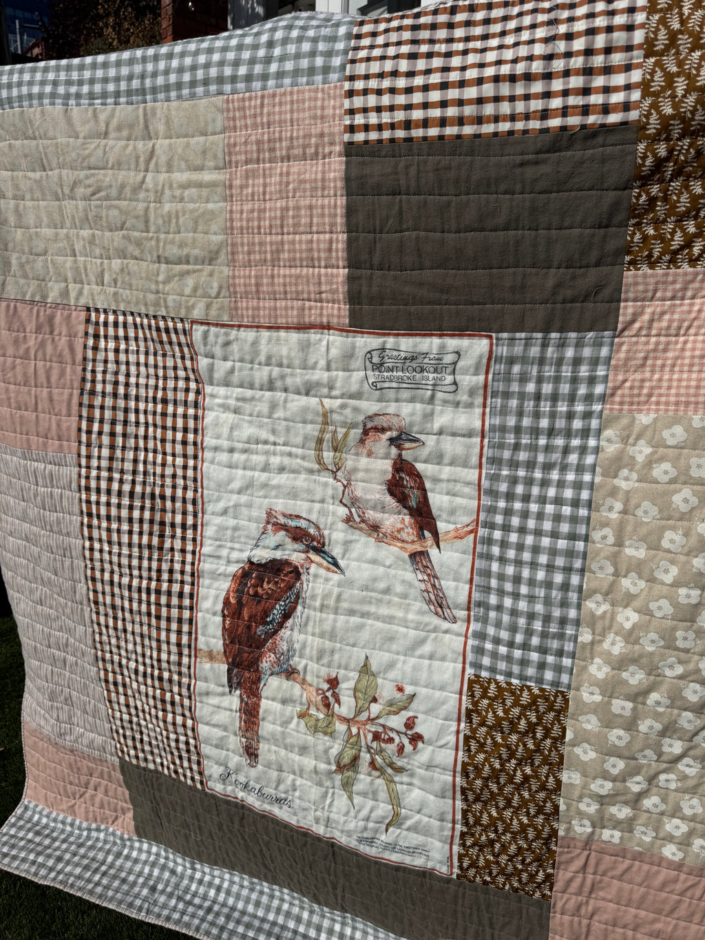 Vintage Style Quilt- Kookaburra throw size (linen cotton blend)