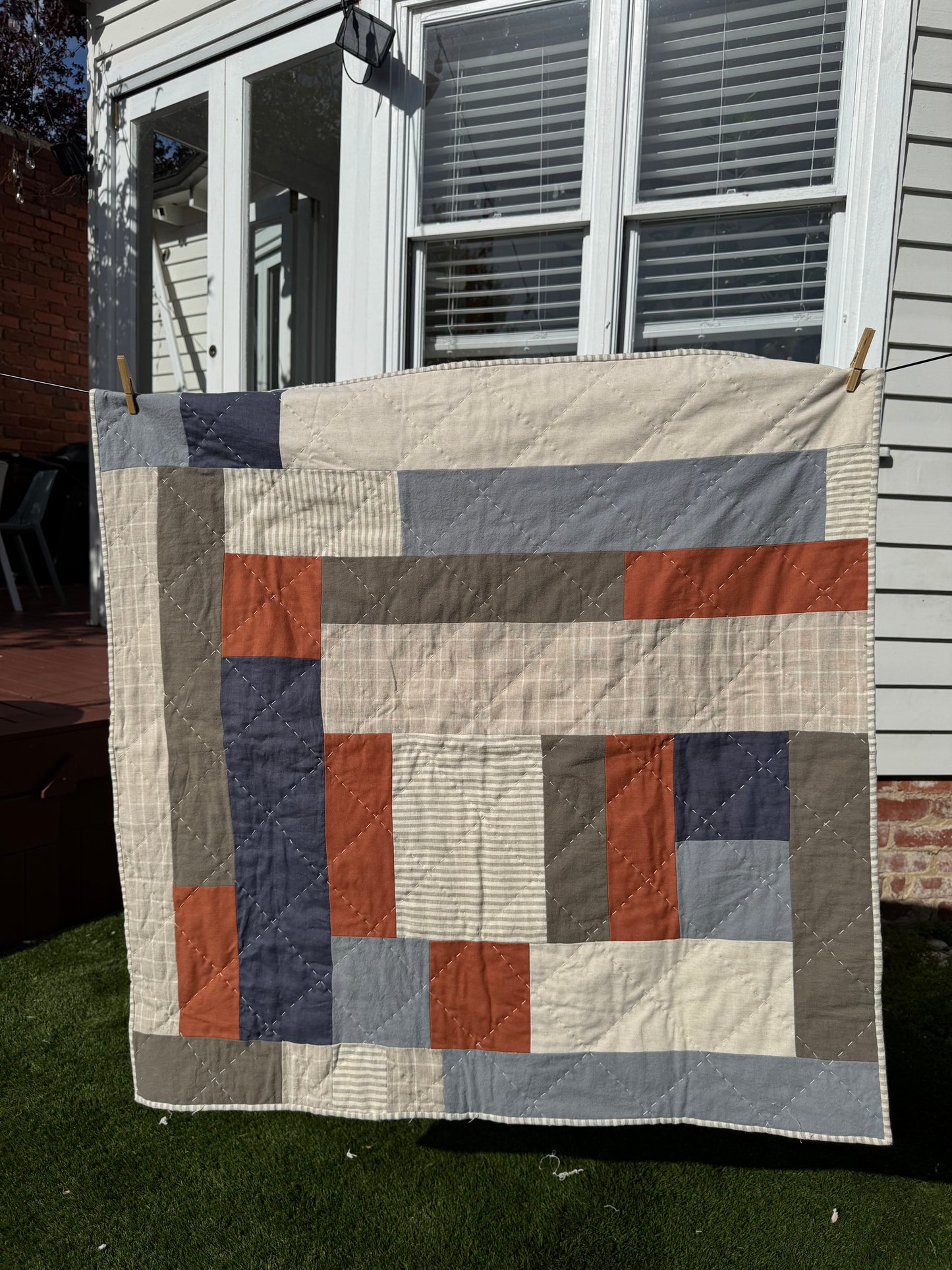 Hand Quilted Quilt 8- Hodgepodge quilt cot/ baby size (linen cotton blend)