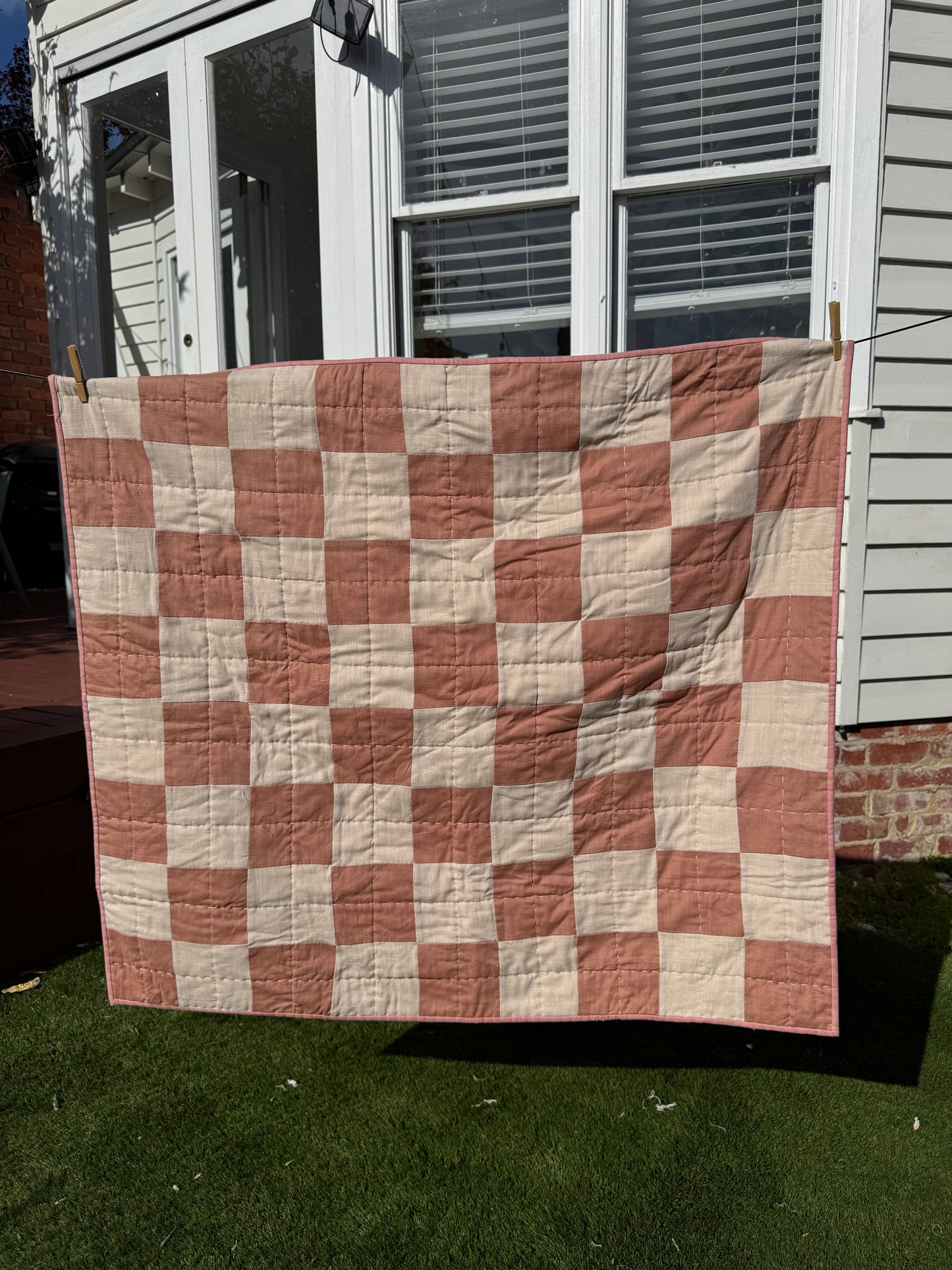 Hand Quilted Quilt 9- Ochre Checkerboard quilt cot/ baby size (linen cotton blend)