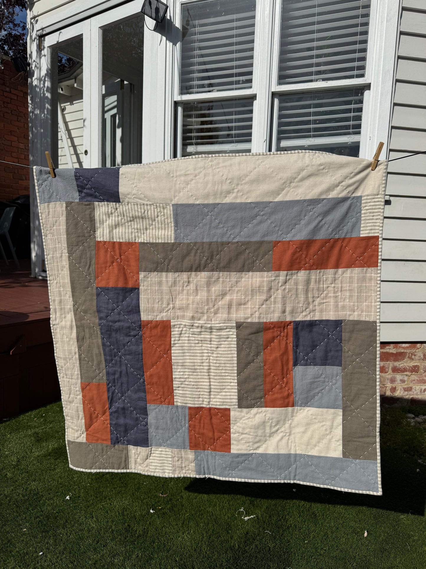 Hand Quilted Quilt 8- Hodgepodge quilt cot/ baby size (linen cotton blend)