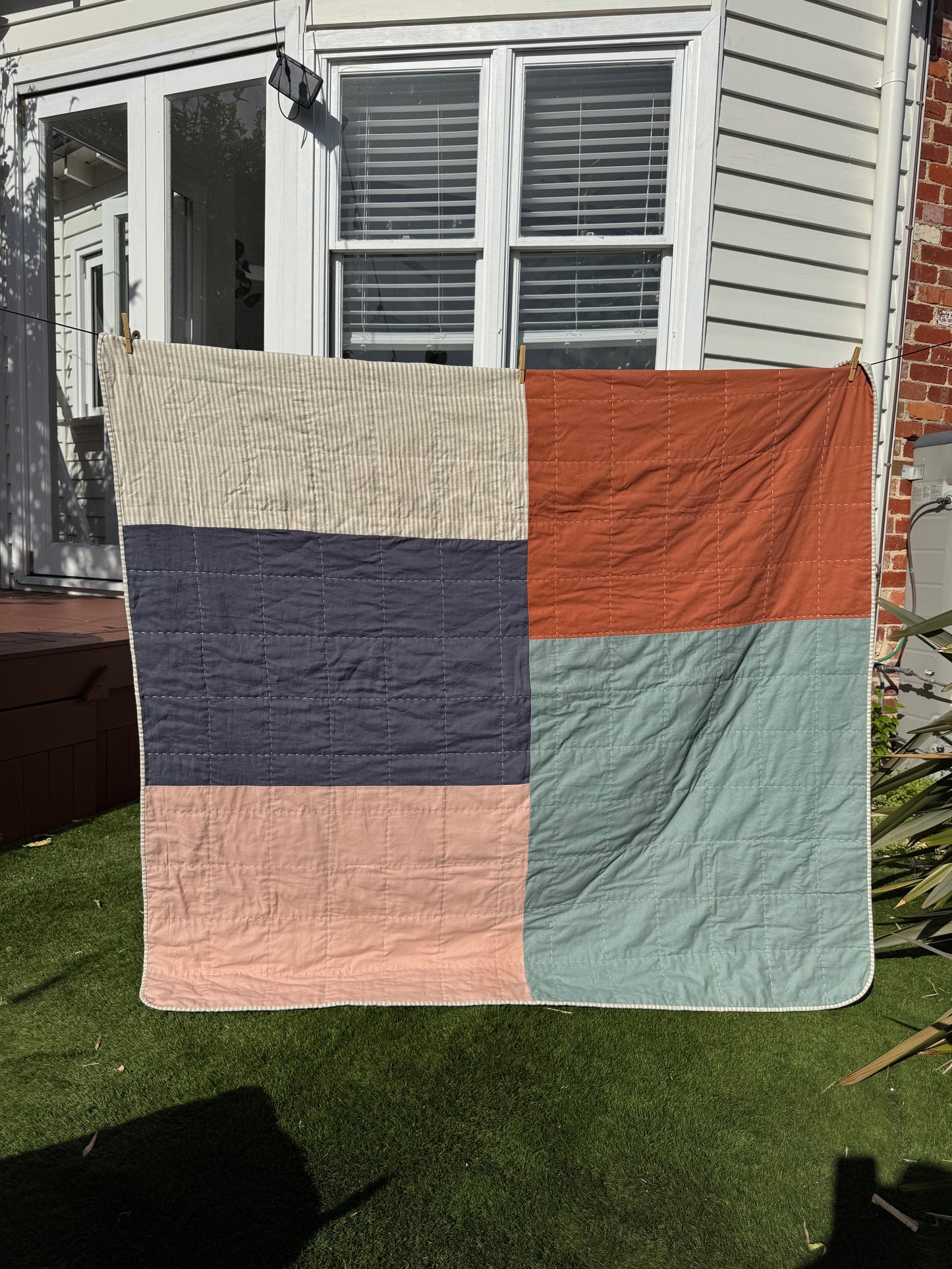 Hand Quilted Quilt 1- Big Square Throw Quilt (linen cotton blend)