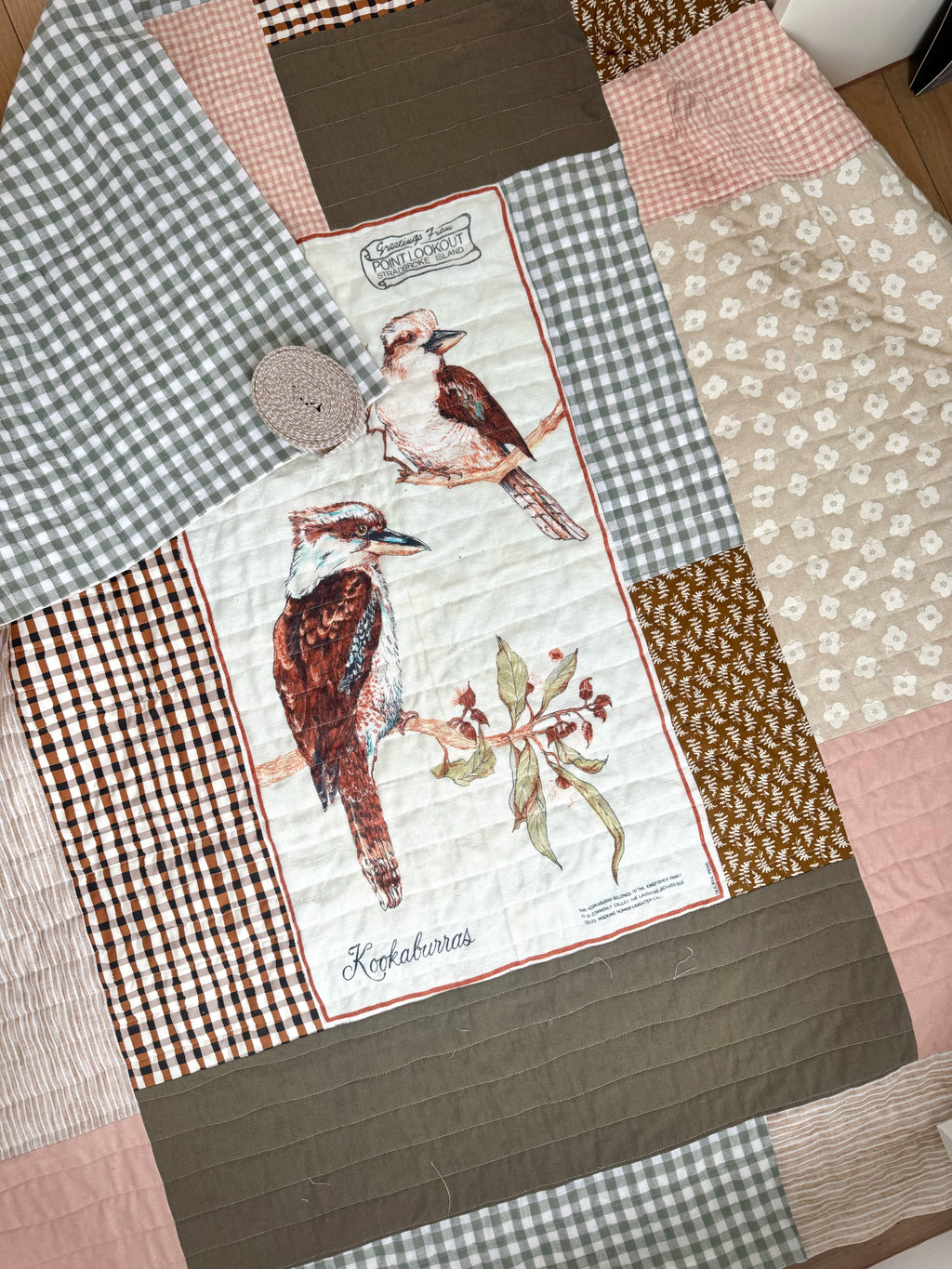 Vintage Style Quilt- Kookaburra throw size (linen cotton blend)