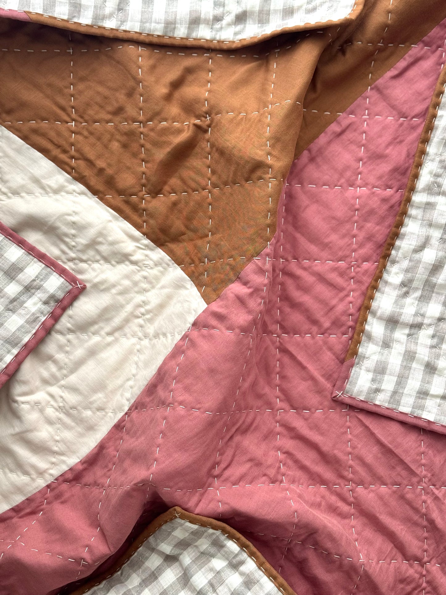 Hand Quilted Quilt 7- Neopolitan Ice cream quilt cot/ baby size (linen cotton blend)