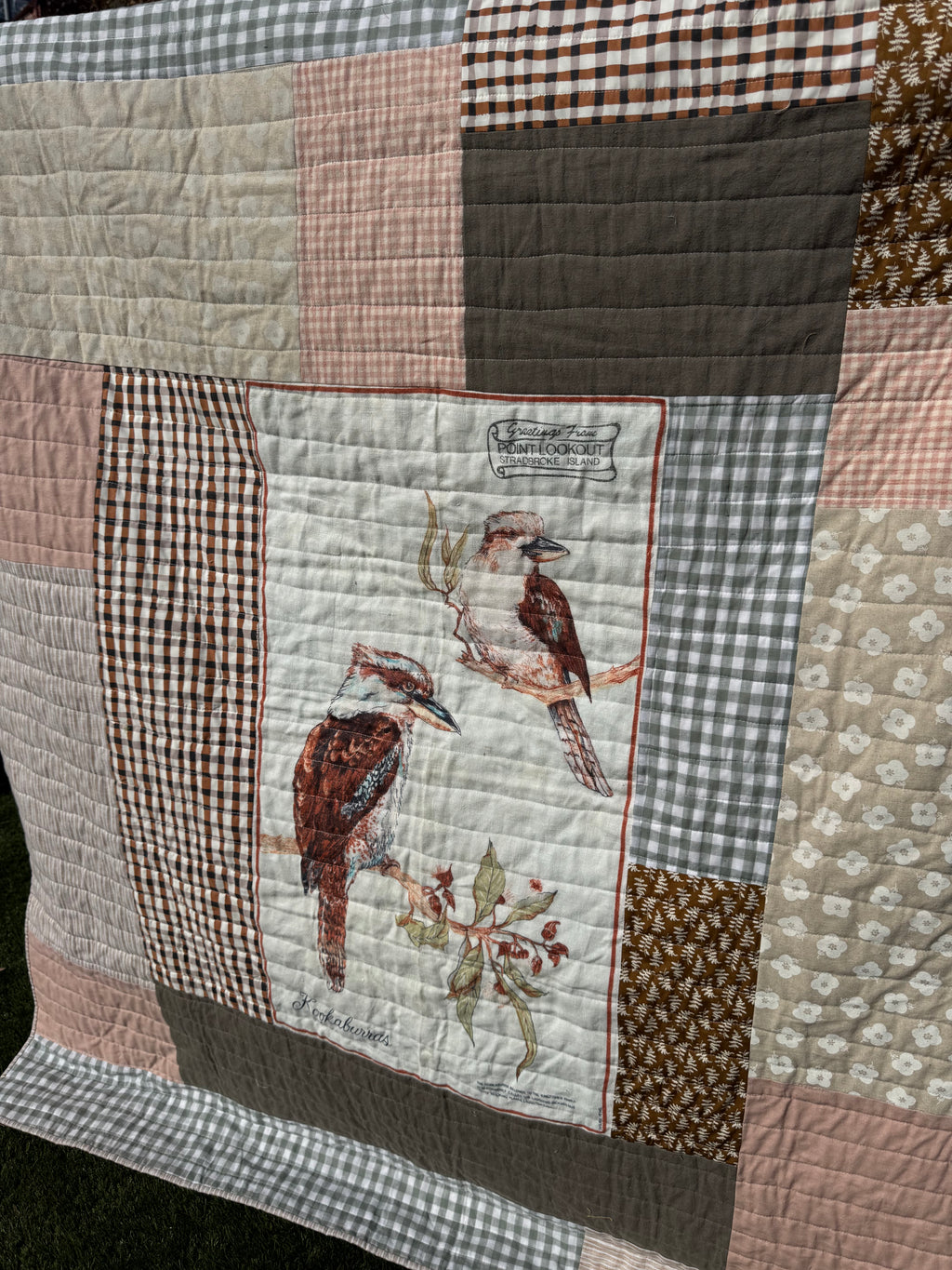 Vintage Style Quilt- Kookaburra throw size (linen cotton blend)
