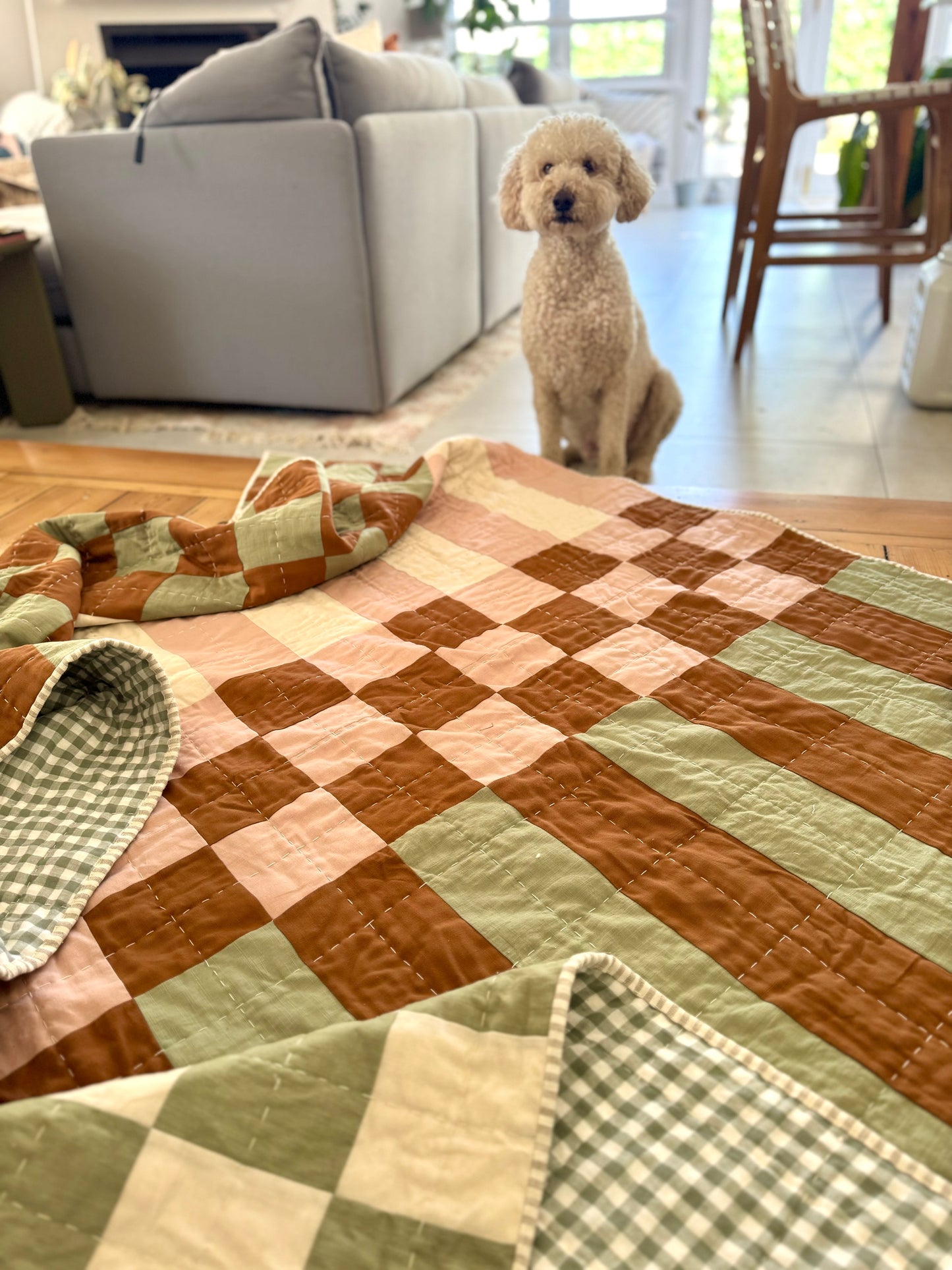 Hand Quilted Quilt 3- Chunky Charlie Garden Large Throw (linen cotton blend)