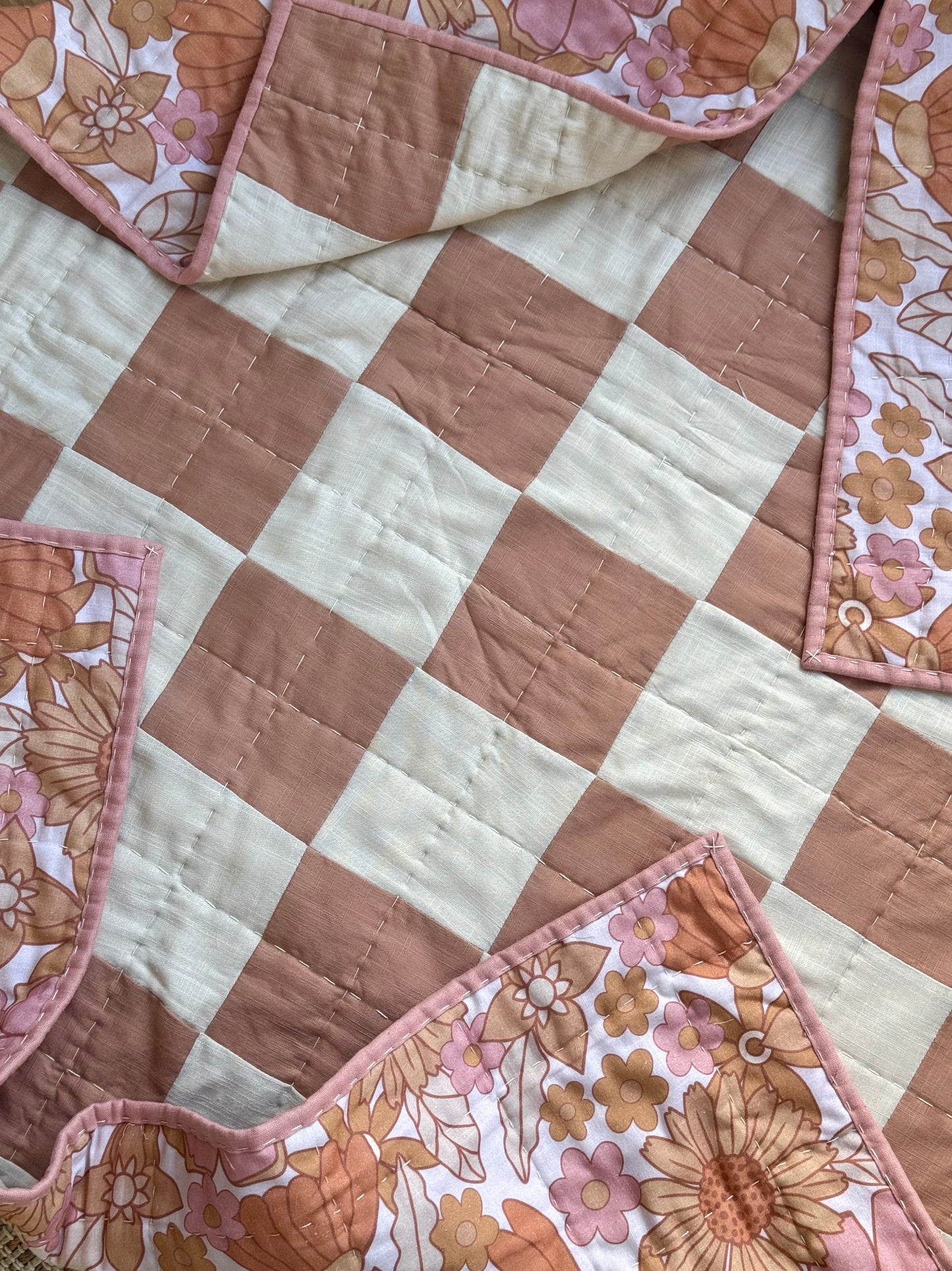 Hand Quilted Quilt 9- Ochre Checkerboard quilt cot/ baby size (linen cotton blend)