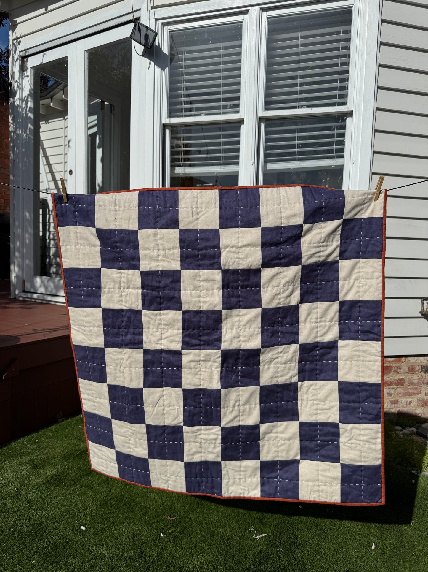 Hand Quilted Quilt 6- Blue and Red Checkerboard cot/ baby size (linen cotton blend)