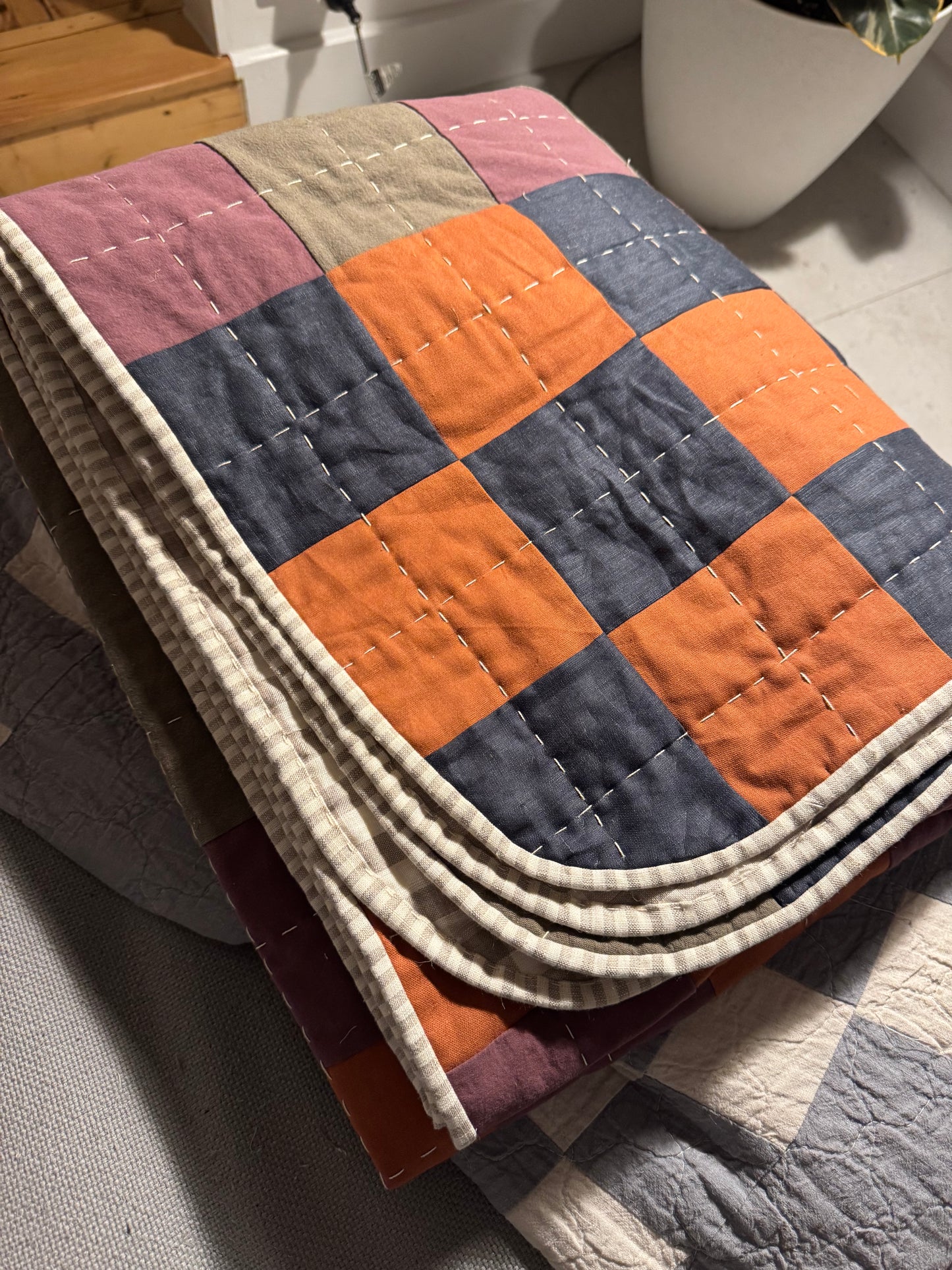 Hand Quilted Quilt 2- Chunky Charlie Autumn Large Throw (linen cotton blend)