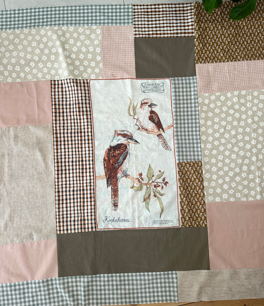 Vintage Style Quilt- Kookaburra throw size (linen cotton blend)