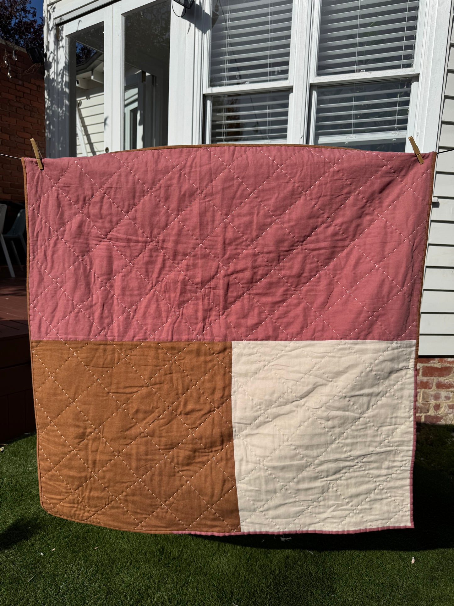 Hand Quilted Quilt 7- Neopolitan Ice cream quilt cot/ baby size (linen cotton blend)