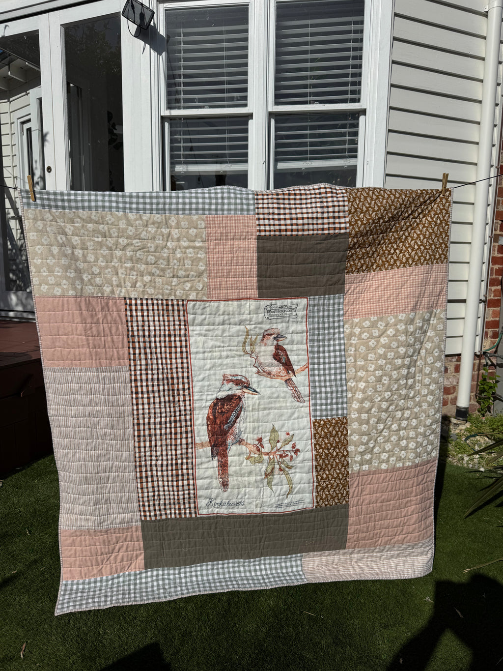 Vintage Style Quilt- Kookaburra throw size (linen cotton blend)