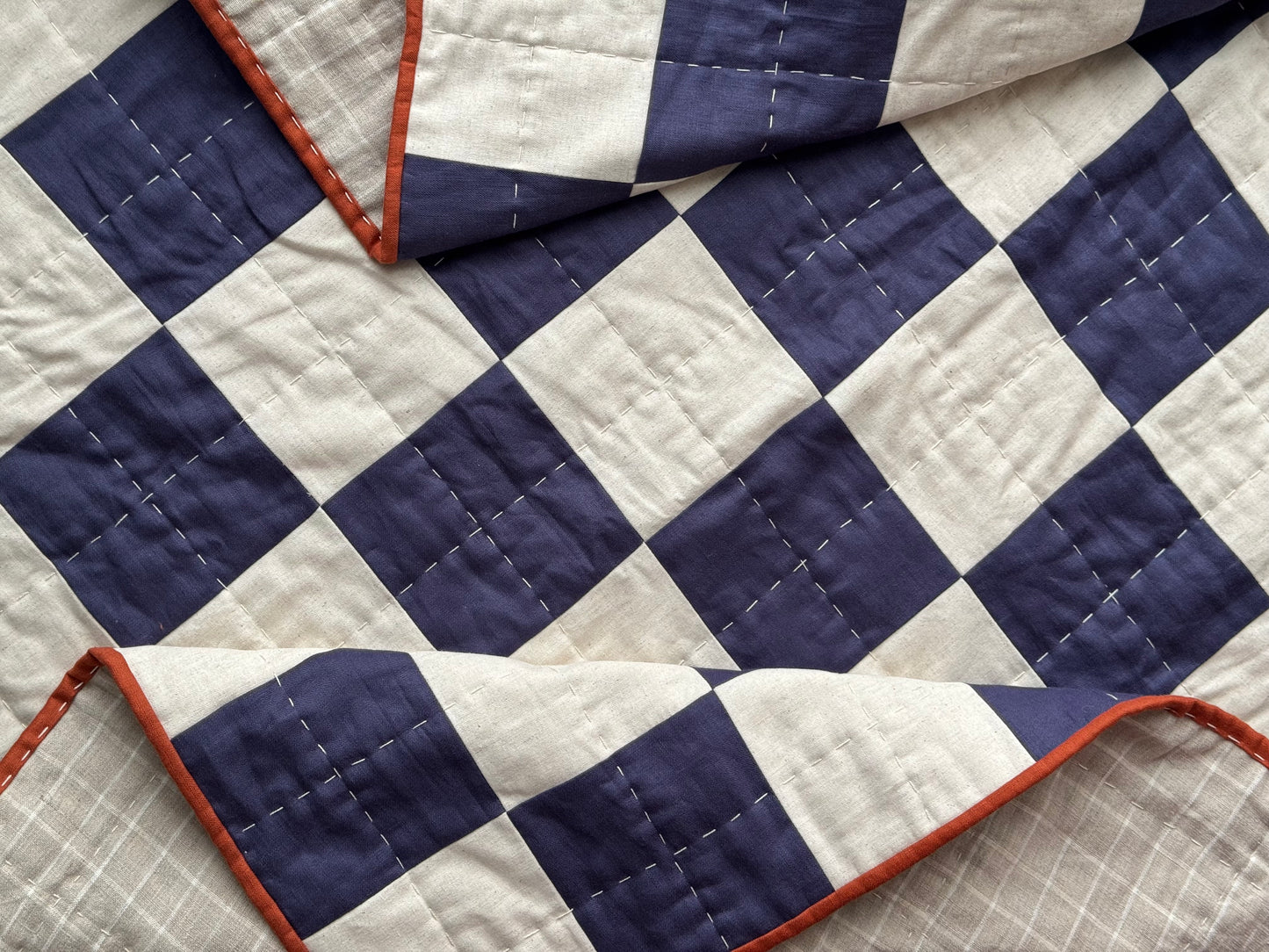 Hand Quilted Quilt 6- Blue and Red Checkerboard cot/ baby size (linen cotton blend)