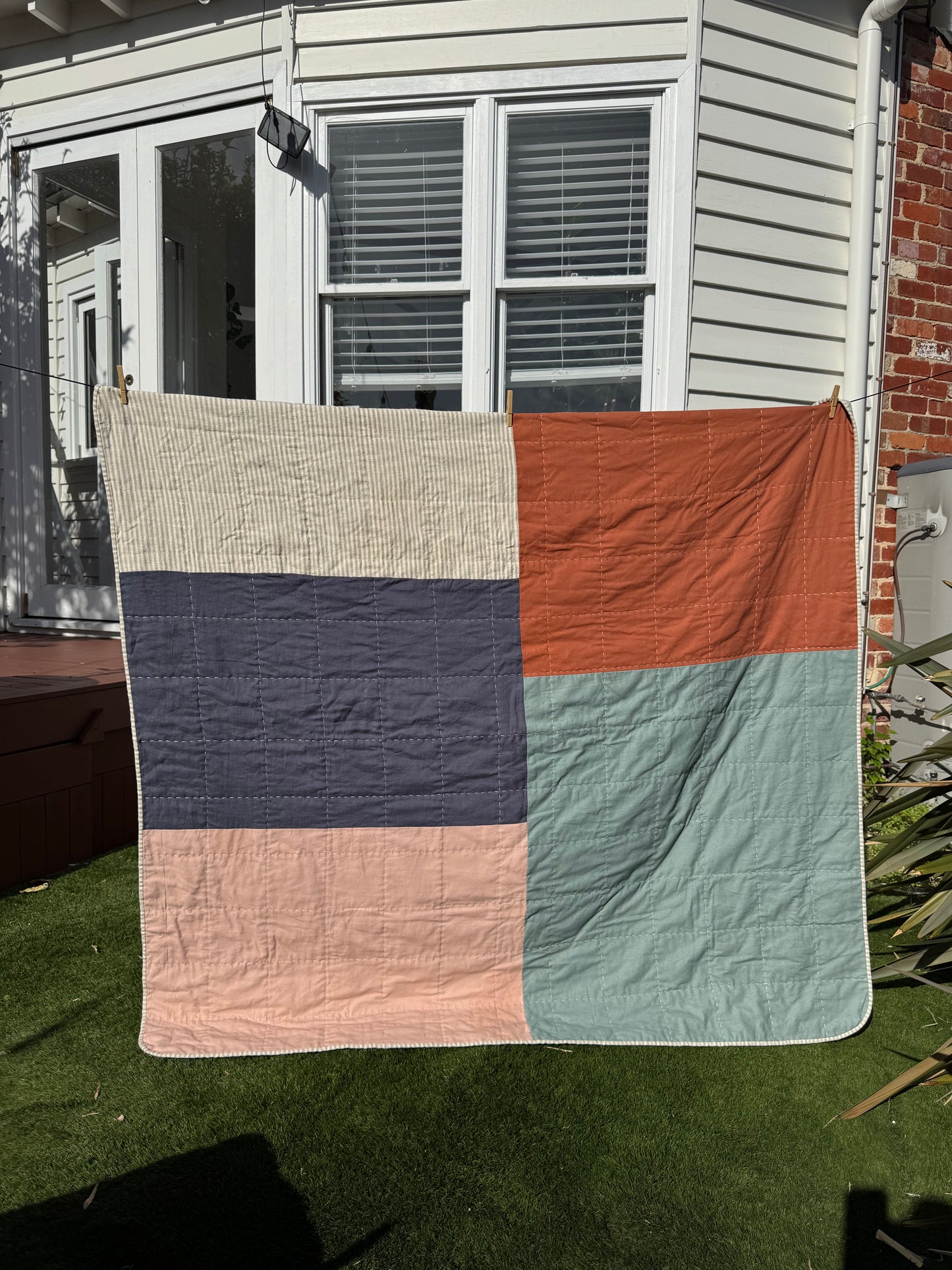 Hand Quilted Quilt 1- Big Square Throw Quilt (linen cotton blend)