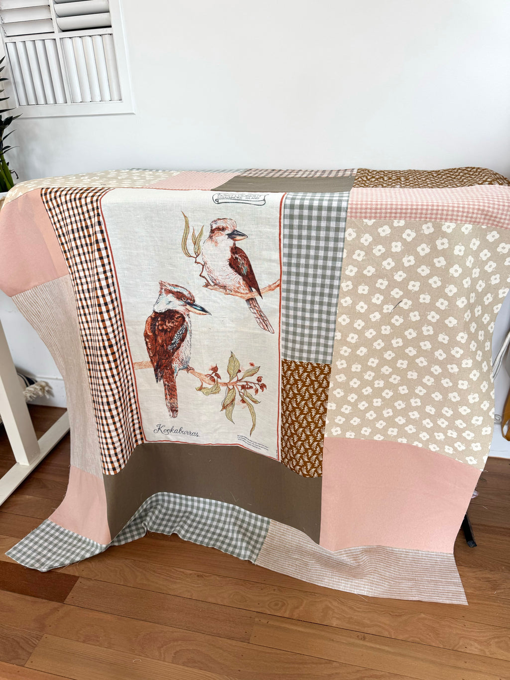 Vintage Style Quilt- Kookaburra throw size (linen cotton blend)