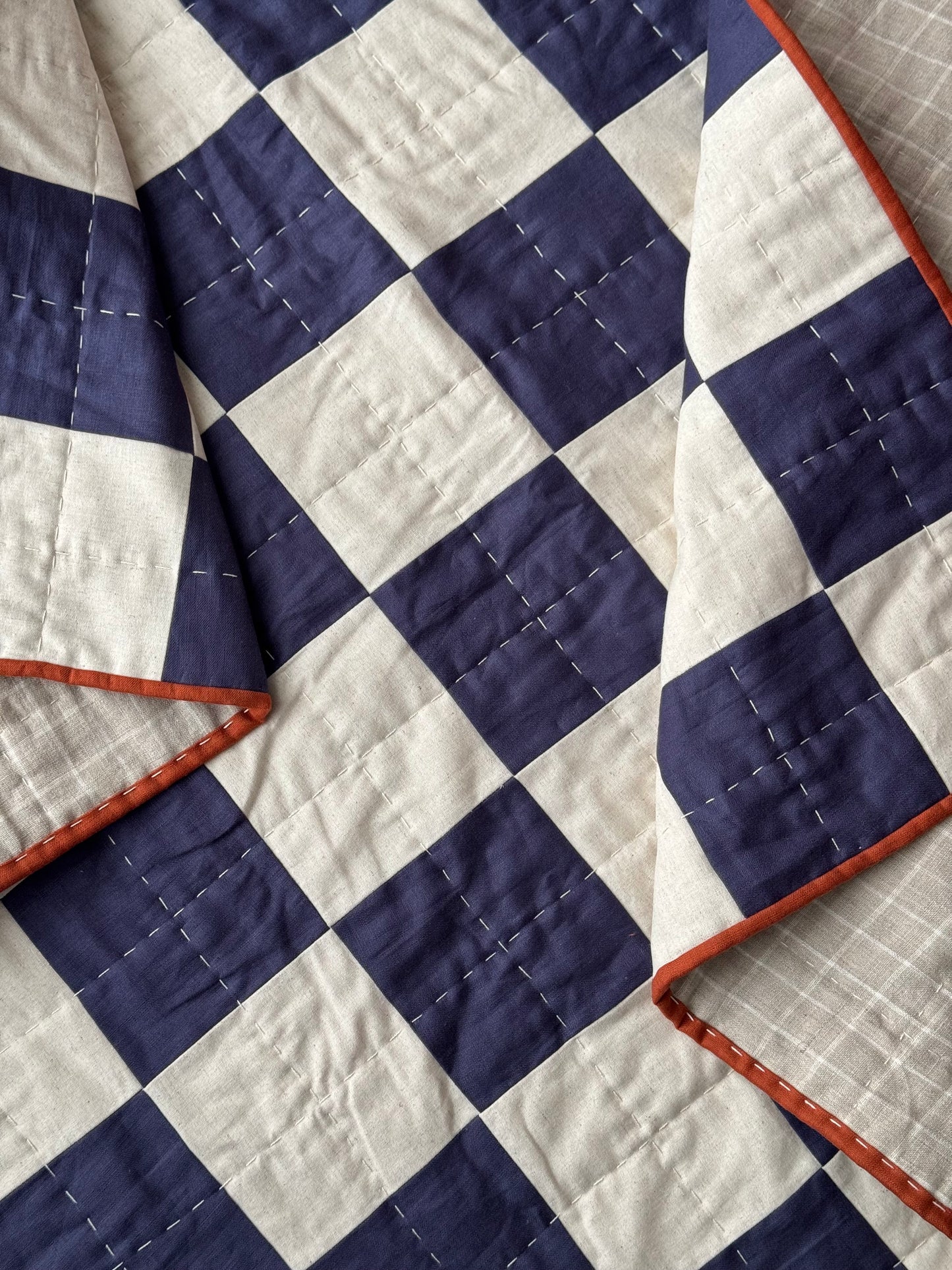 Hand Quilted Quilt 6- Blue and Red Checkerboard cot/ baby size (linen cotton blend)